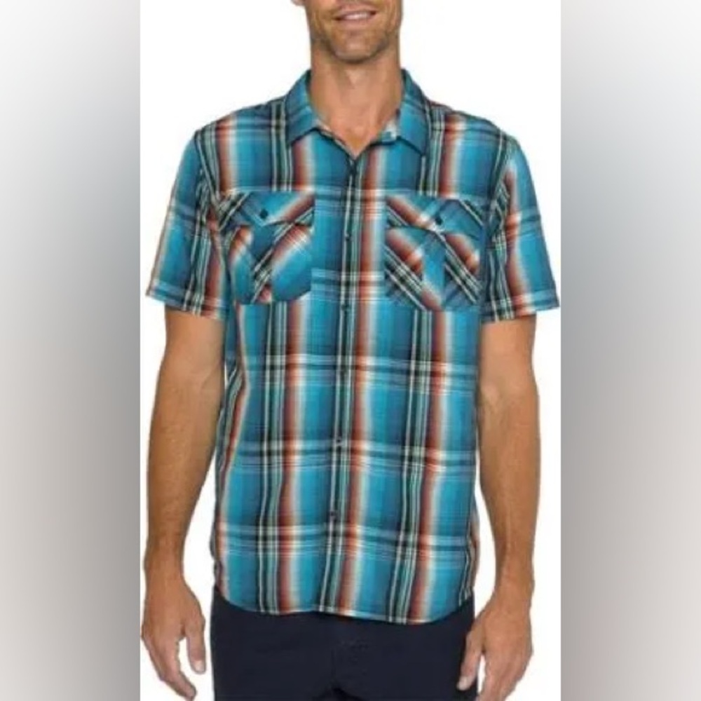 Prana Shirt Button Down Short Sleeve Plaid Blue Men's Size Medium